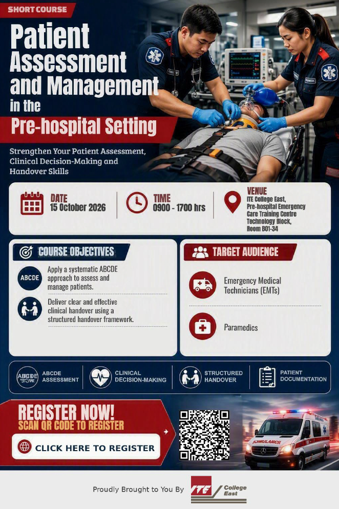A poster of patient assessment and management in the pre-hospital setting course with details and image of 2 paramedics and a patient with bag-valved